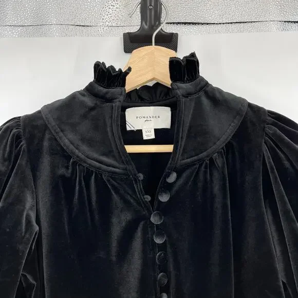 Pomander PlaceBlack Velvet Selena Blouse Victorian Puff Sleeve Top XXS